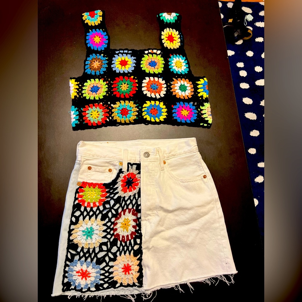 Levi Denim skirt with Crochet detailing AND crop top